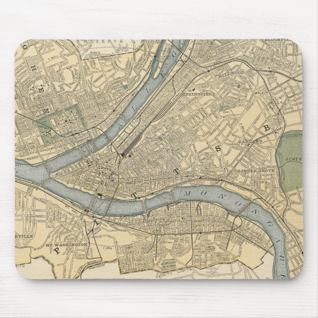 Vintage Karte von Pittsburgh PA (1891) Mousepad (Vorne)