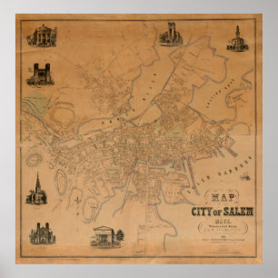 Vintage Karte von Salem MA (1851) Poster