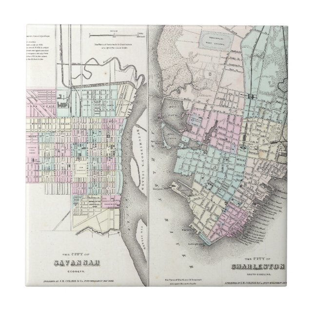 Vintage Karte von Savannah und Charleston (1855) Fliese (Vorderseite)