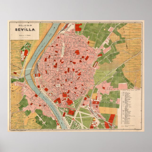 Vintage Karte von Sevilla Spanien (1918) Poster (Vorne)