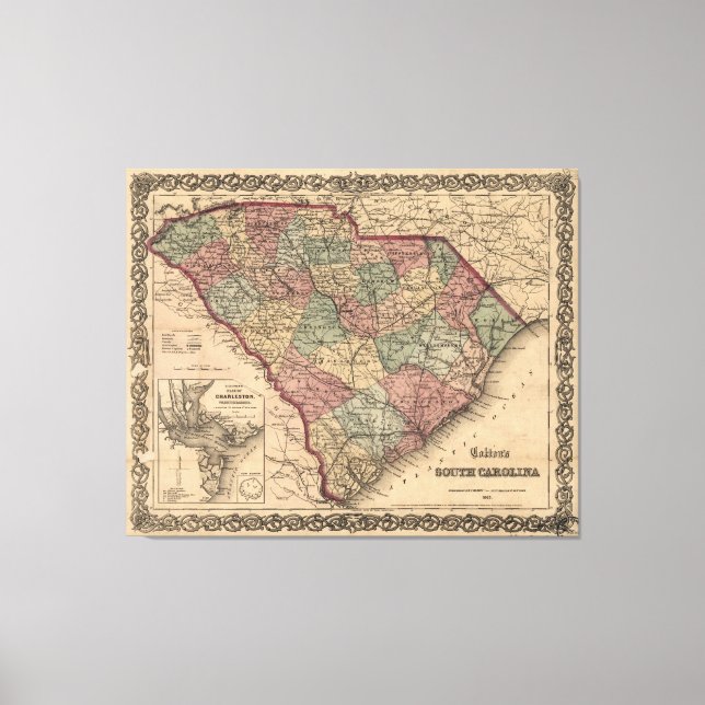 Vintage Karte von South Carolina (1865) Leinwanddruck (Vorderseite)