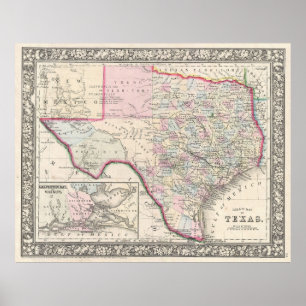 Vintage Karte von Texas (1866) Poster