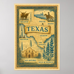 Vintage Karte von Texas, 1885 Poster