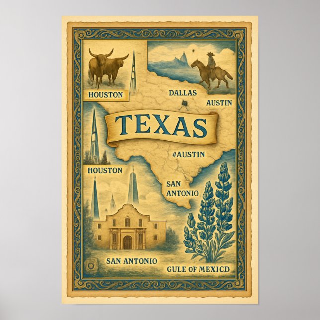 Vintage Karte von Texas, 1885 Poster (Vorne)