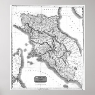 Vintage Karte von Toskana Italien (1814) BW Poster