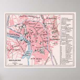 Vintage Karte von Toulouse Frankreich (1900) Poster