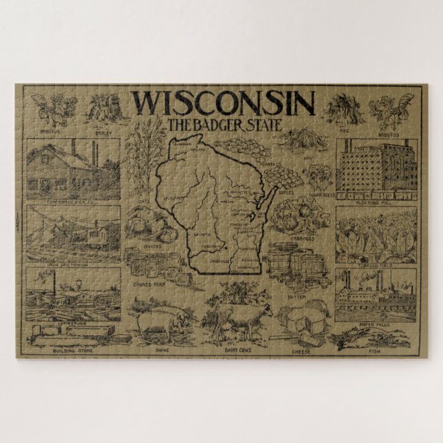 Vintage Karte von Wisconsin (1912) - Tan Puzzle (Horizontal)