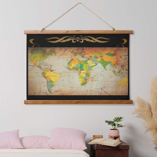 Vintage Karte Wandteppich Mit Holzrahmen (Schlafzimmer)