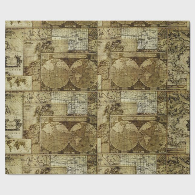 Vintage Karten der alten Welt Antike Karten Geschenkpapier (Saum)