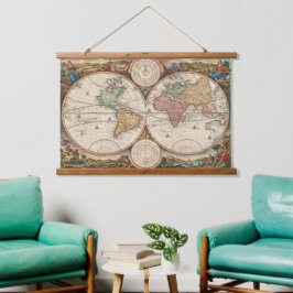 Vintage Karten für zwei Hemisphären | Wandteppich Mit Holzrahmen