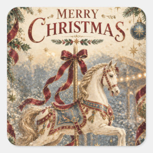 Vintage-Karussellpferd Weihnachten , Elegantes Wei Quadratischer Aufkleber
