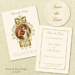 Vintage katholische Hochzeit - Elegant Save the Da Save The Date<br><div class="desc">Mit einer wunderschönen Vintagen,  traditionell katholischen "Save the Date" Postkarte mit dem Bild der gesegneten Mutter & St. Joseph auf einem goldenen Blumenrahmen überlagert. Auf der Vorderseite ist ein Schriftstellerangebot enthalten. Text und Design können geändert werden. Wir bieten auch koordinierende Hochzeitseinladungen,  uAwg,  Gefälligkeiten,  etc. an.</div>
