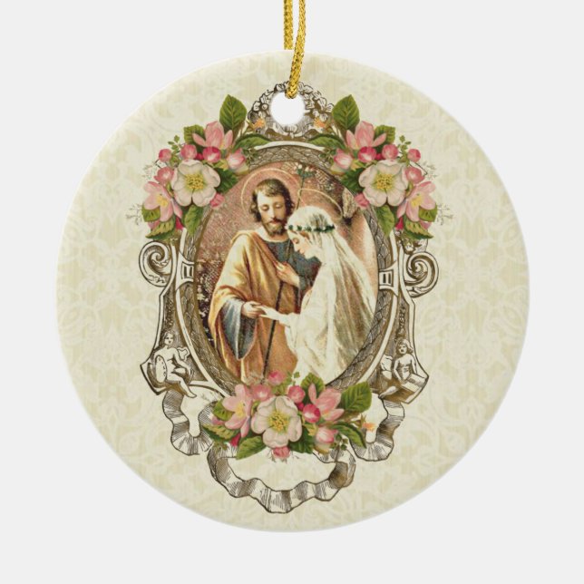 Vintage katholische Kirschblüten Elegante Hochzeit Keramik Ornament (Vorne)