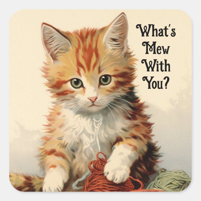 Vintage Kätzchen mit Garnaufkleber Quadratischer Aufkleber (Vorderseite)