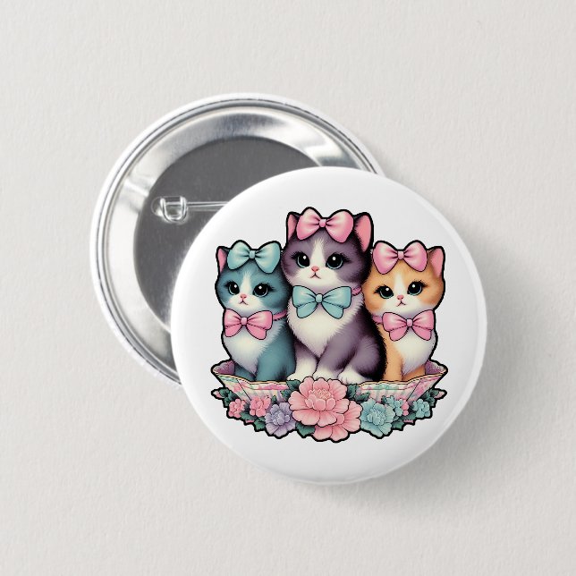Vintage Kätzchen mit Schleifen Button (Vorne & Hinten)