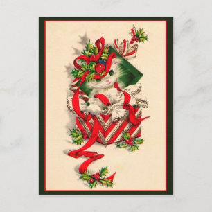 Vintage-Kätzchen-Weihnachts-Kätzchen in Geschenkbo Postkarte