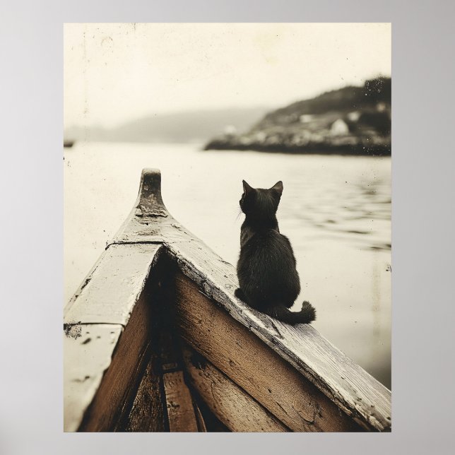 Vintage-Katze auf Boot Sepia-Ton Poster (Vorne)
