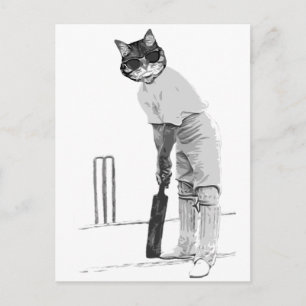 vintage Katze Cricketspieler Postkarte