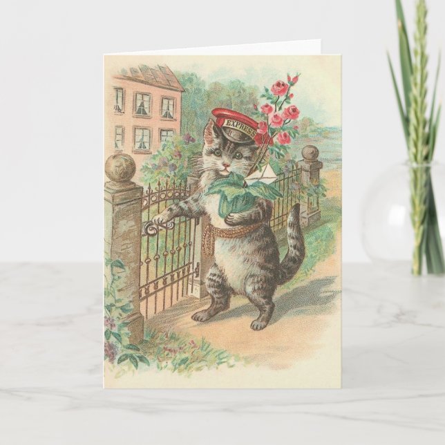 Vintage Katze, die Blumen-Anmerkungs-Karte liefert Karte (Vorderseite)