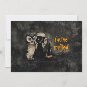 Vintage-Katze-Eule-schwarze Halloween-Party-Einlad Einladung
