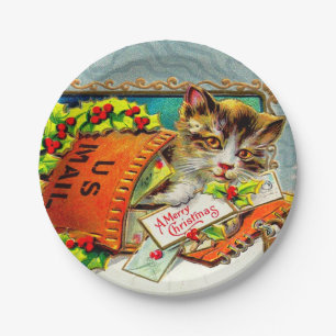 Vintage-Katze Frohe Weihnachten Pappteller
