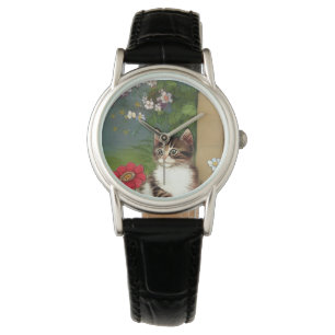 Vintage Katze-Illustration mit Frühlingsblumen Armbanduhr