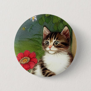 Vintage Katze-Illustration mit Frühlingsblumen Button