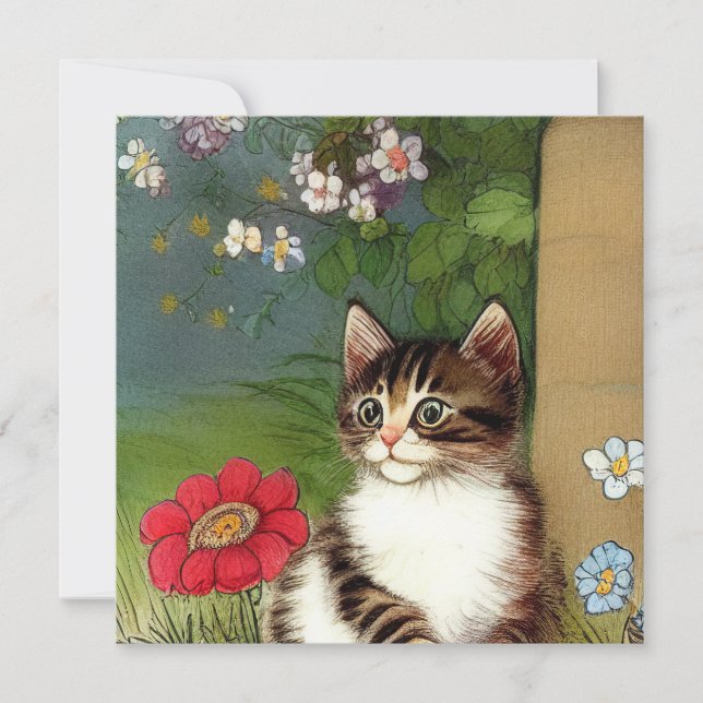 Vintage Katze-Illustration mit Frühlingsblumen Einladung (Vorderseite)