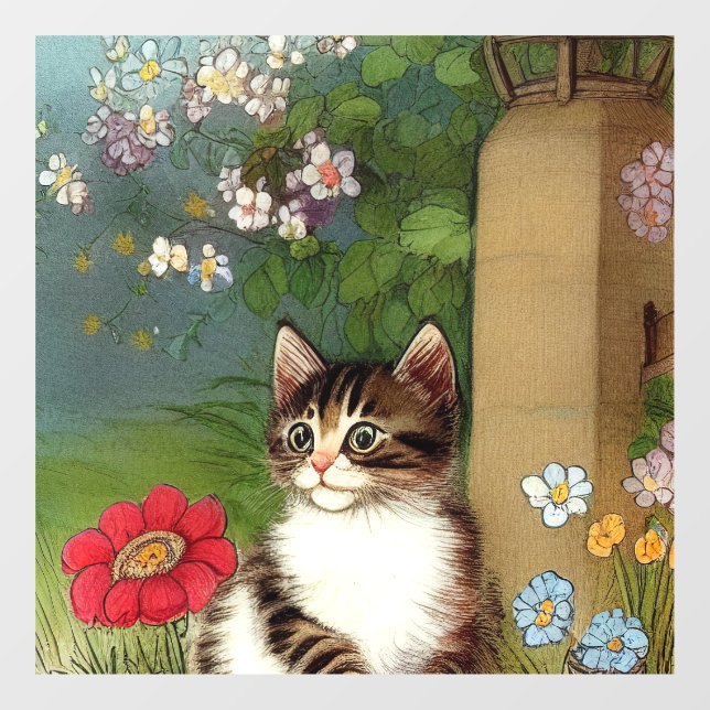 Vintage Katze-Illustration mit Frühlingsblumen Fensteraufkleber (Blatt)