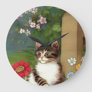 Vintage Katze-Illustration mit Frühlingsblumen Große Wanduhr