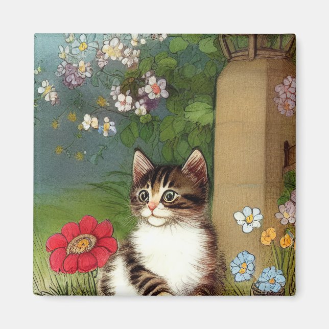 Vintage Katze-Illustration mit Frühlingsblumen Magnet (Vorne)