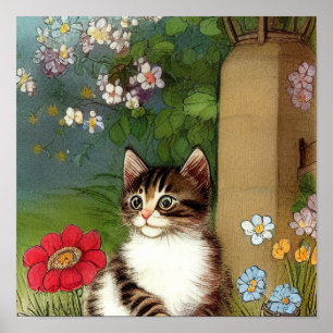 Vintage Katze-Illustration mit Frühlingsblumen Poster