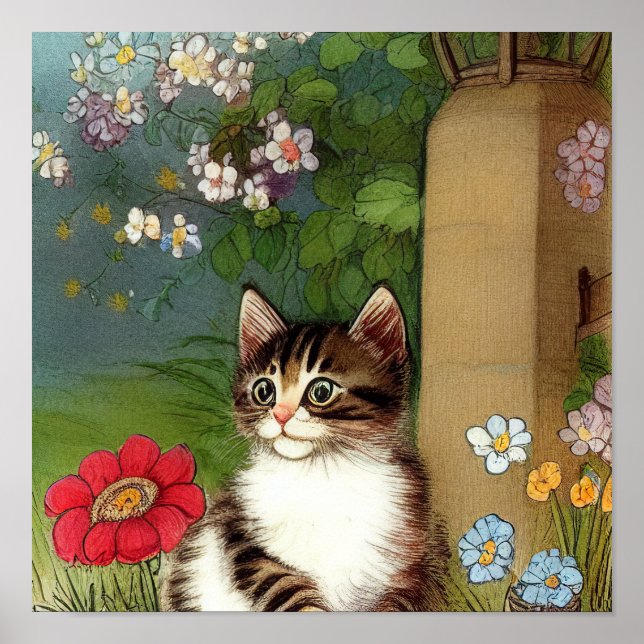 Vintage Katze-Illustration mit Frühlingsblumen Poster (Vorne)