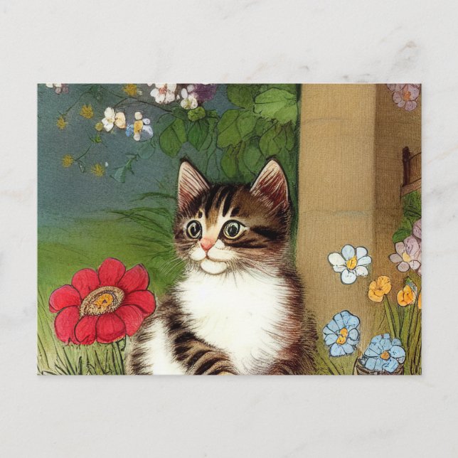 Vintage Katze-Illustration mit Frühlingsblumen Postkarte (Vorderseite)