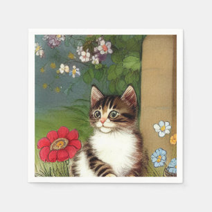 Vintage Katze-Illustration mit Frühlingsblumen Serviette