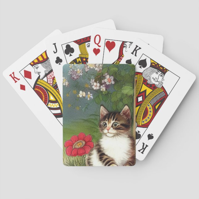 Vintage Katze-Illustration mit Frühlingsblumen Spielkarten (Rückseite)
