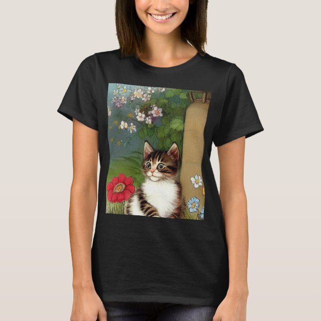 Vintage Katze-Illustration mit Frühlingsblumen T-Shirt (Vorderseite)