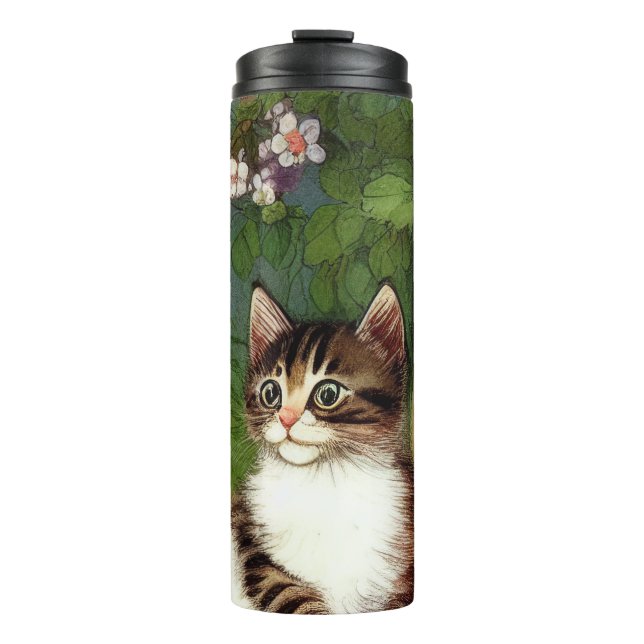 Vintage Katze-Illustration mit Frühlingsblumen Thermosbecher (Vorderseite)
