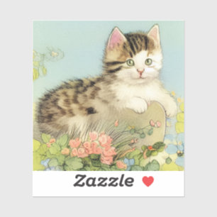 Vintage Katze-Illustration mit rosa Blume Aufkleber