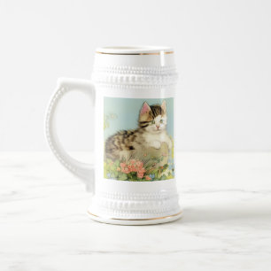 Vintage Katze-Illustration mit rosa Blume Bierglas