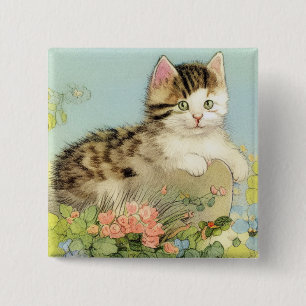 Vintage Katze-Illustration mit rosa Blume Button