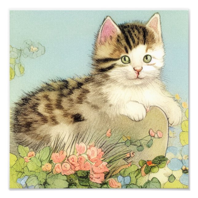 Vintage Katze-Illustration mit rosa Blume Fotodruck (Vorne)