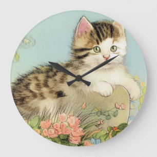 Vintage Katze-Illustration mit rosa Blume Große Wanduhr