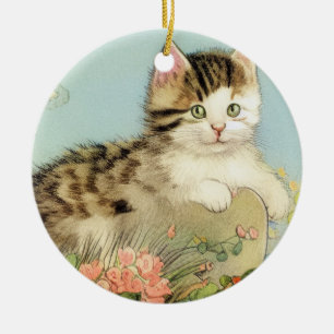 Vintage Katze-Illustration mit rosa Blume Keramik Ornament