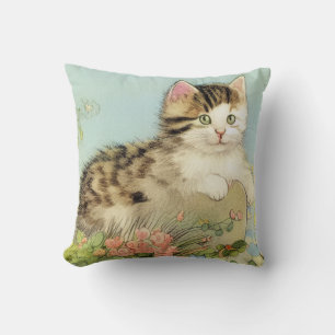 Vintage Katze-Illustration mit rosa Blume Kissen