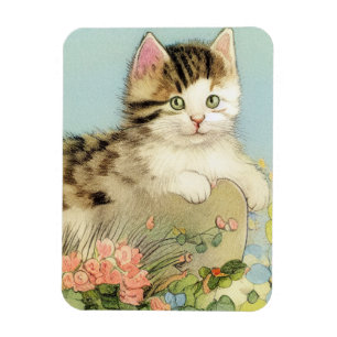 Vintage Katze-Illustration mit rosa Blume Magnet