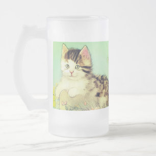 Vintage Katze-Illustration mit rosa Blume Mattglas Bierglas
