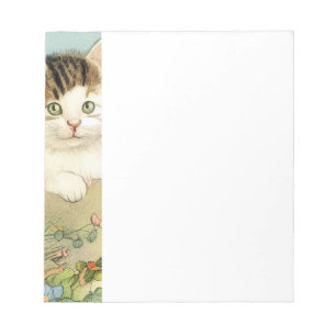 Vintage Katze-Illustration mit rosa Blume Notizblock