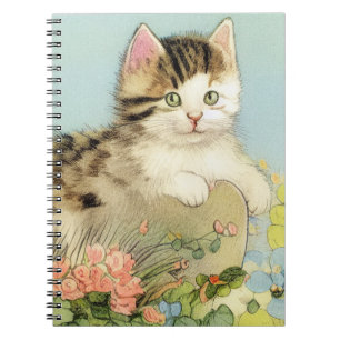 Vintage Katze-Illustration mit rosa Blume Notizblock