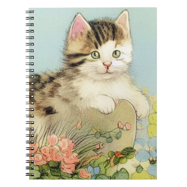 Vintage Katze-Illustration mit rosa Blume Notizblock (Vorderseite)